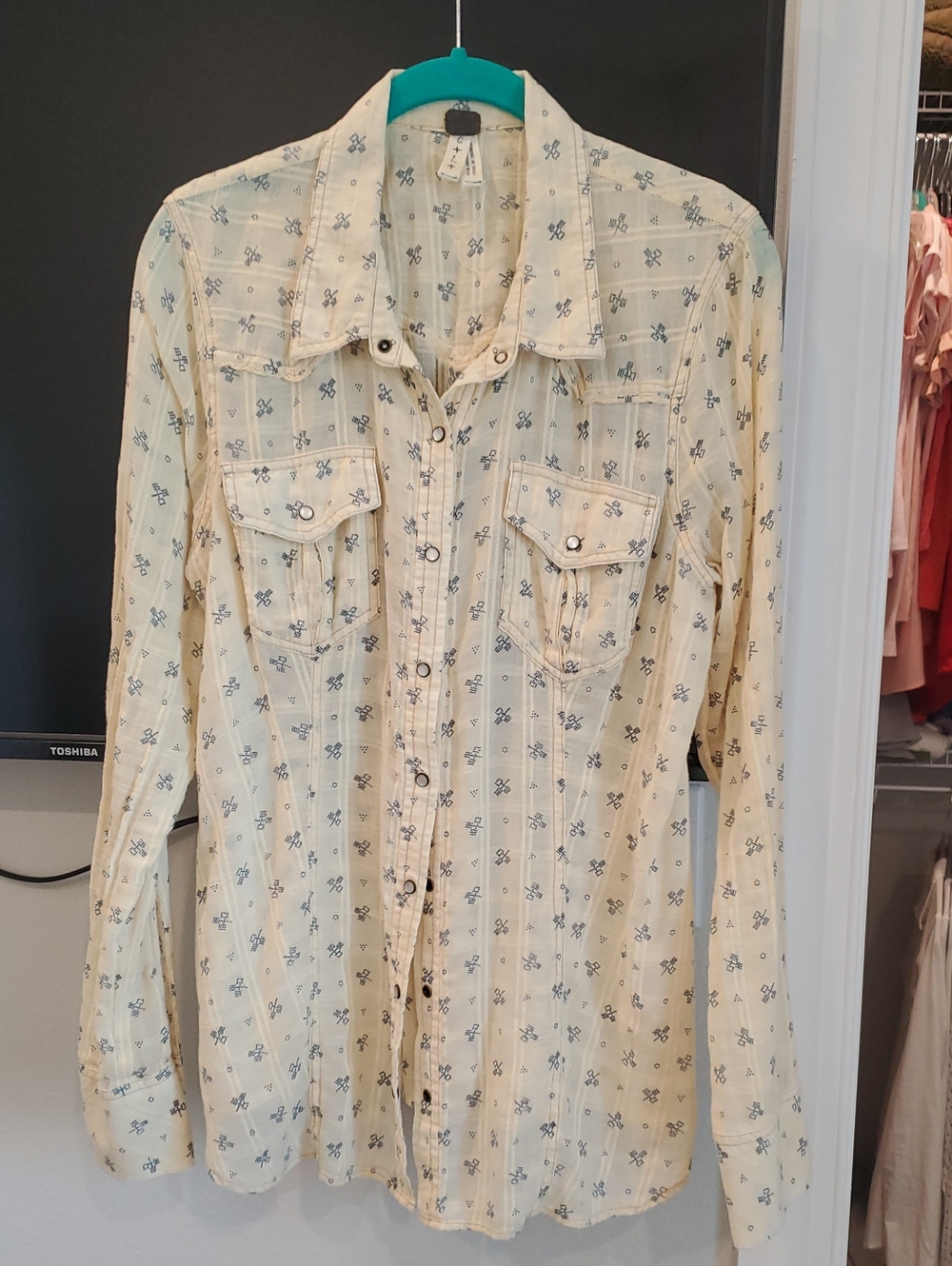 We The Free Cream Button-Down Shirt with Blue Floral Print